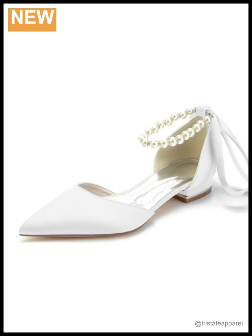 Satin Pointed Toe Pearl Ankle Strap Ballet Flats Bridal Wedding Shoes
